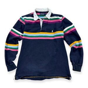 Polo Ralph Lauren Shirt Men's XLT Navy Blue Rugby Striped Long Sleeve Preppy